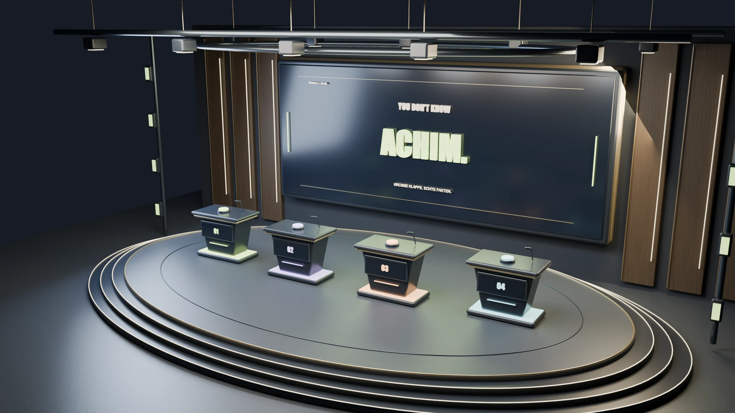 You Don't Know Achim – Quizstudio mit vier Kandidatenpulten
