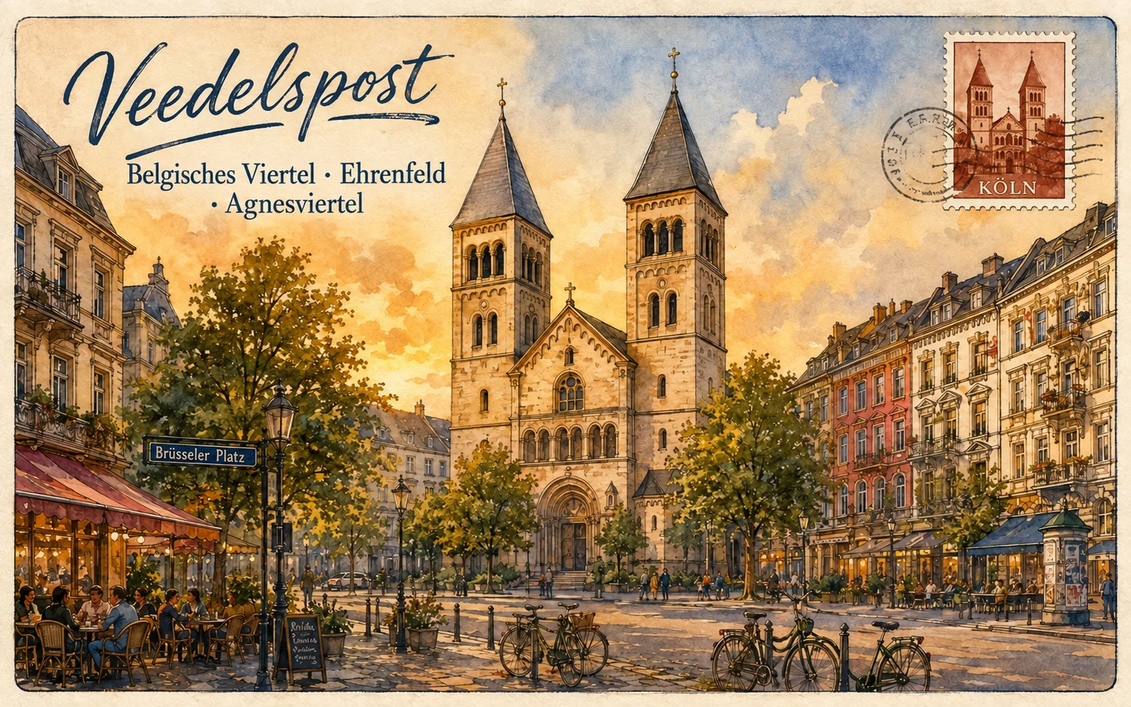 Veedelspost – Aquarell-Postkarte für Belgisches Viertel, Ehrenfeld und Agnesviertel in Köln